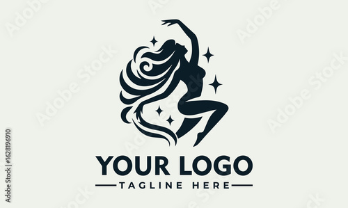 Silhouette of a woman dancing with flowing hair and stars around her, logo design.