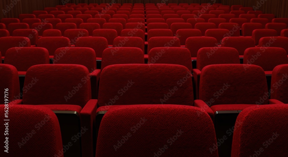 Fototapeta premium Red velvet cinema seats rows empty theater auditorium. Movie hall interior comfortable chairs entertainment venue. Film screening concept cultural events banner