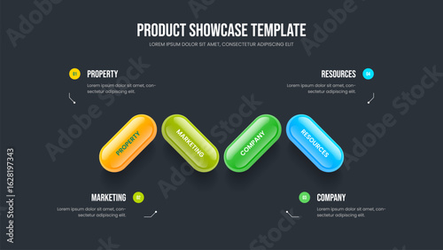 Financial Overview Four Element Infographic Slide Design. Professional Growth 4 Option Diagram Slideshow Template. Investor Performance Frame Layout Vector Illustration.