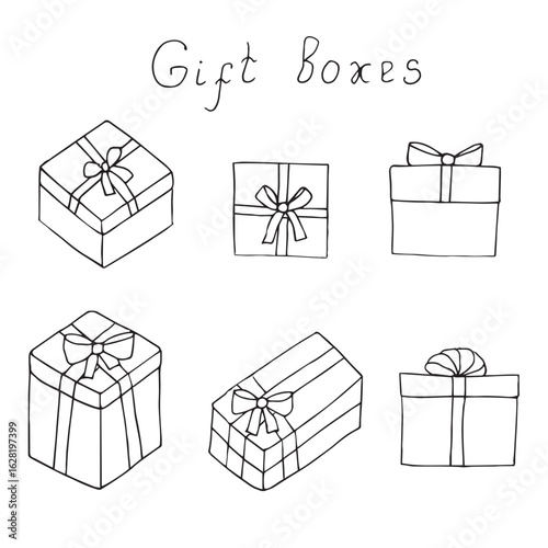 Gift boxes set hand drawing, vector illustration