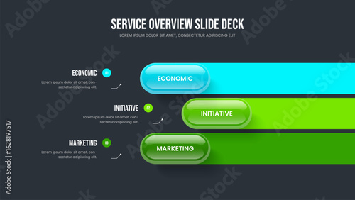 Company Performance Presentation Design Vector Illustration. Visual Development Three Element Infographic Slideshow Layout. Modern Introduction 3 Step Diagram Slide Template.
