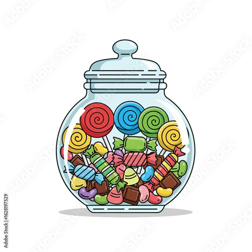 Flat vector illustration of a candy jar filled with colorful sweets, isolated on white background