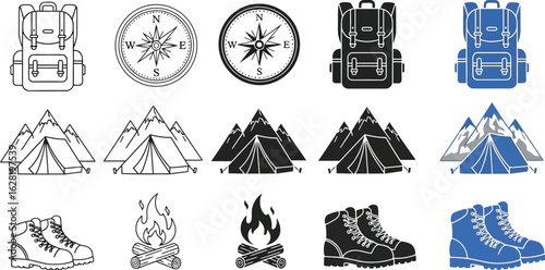 Vintage style camping and hiking icons set
