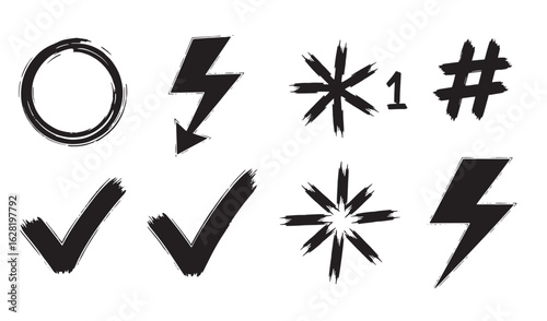 Grunge style graphic elements including symbols and icons isolated on white background