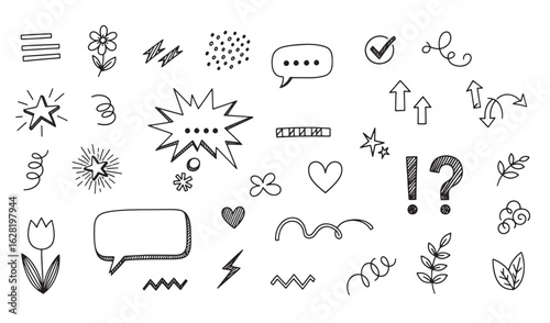 Hand drawn black and white doodle elements for creative designs and decorations