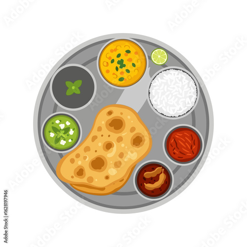 Flat vector Indian thali with naan, curry, rice, and chutneys, clean flat style, isolated on white background