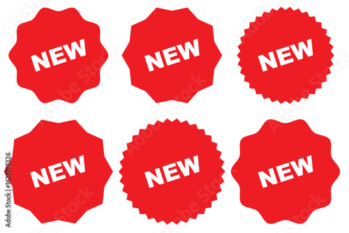 Set of promotional badges featuring the word "NEW" in bold white text, presented in multiple geometric shapes, ideal for showcasing newly launched products