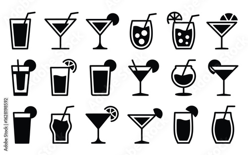 Vector art of collection of black and white vector icons of cocktails and drinks isolated on white background
