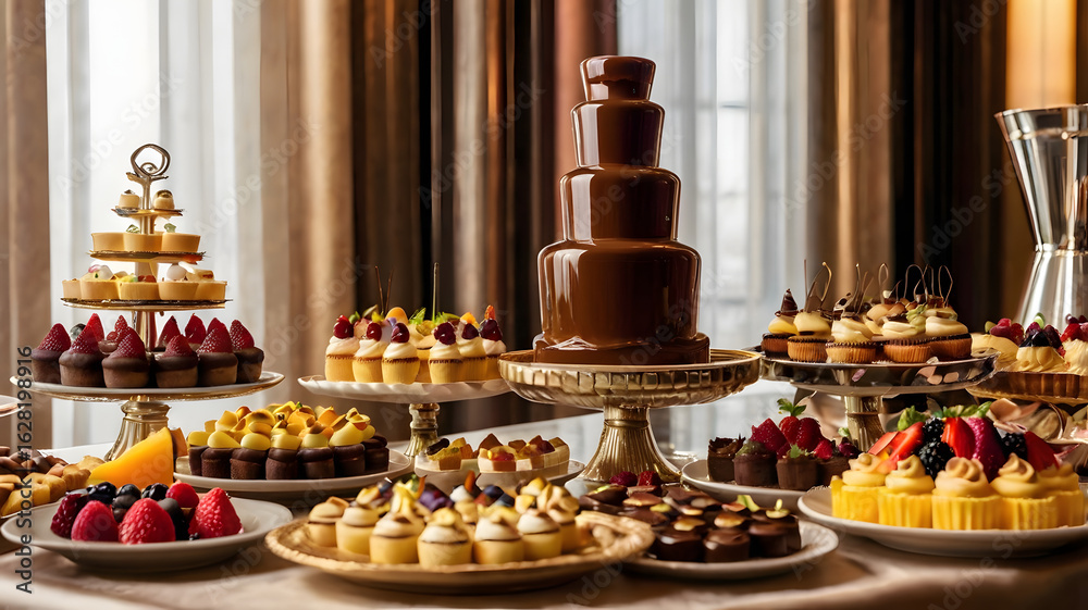 Naklejka premium Luxury Dessert Table with Chocolate Fountain and Elegant Mini Cakes