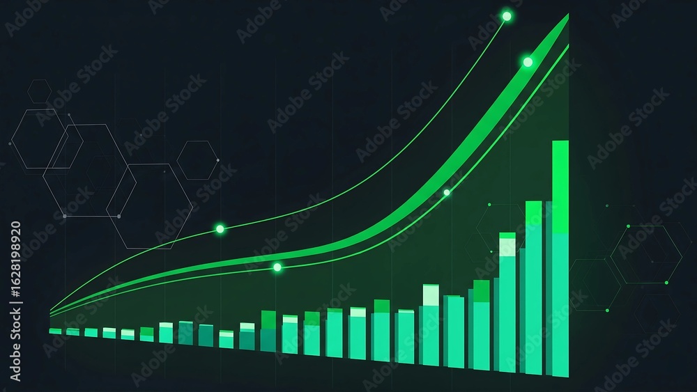 Naklejka premium Financial growth chart with an upward-trending line and glowing green bars, symbolizing business success, data analytics, and positive progress.