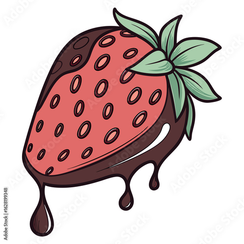 Yummy red strawberry partially dipped into brown melting chocolate looks incredibly delicious and tempting