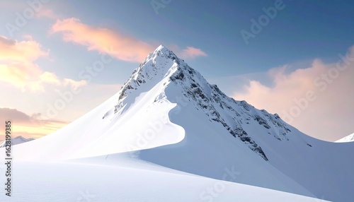 Realistic high-quality image of a steep mountain ridge fully covered in fresh white snow, under a vibrant blue sky with scattered soft clouds, dramatic natural lighting, detailed textures of snow and 