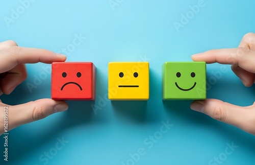 Hands holding blocks with different facial expressions showing customer satisfaction levels