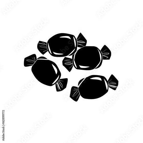 Modern Halloween icons, logos, and silhouettes, including a set of black candy, are illustrated in a contemporary style on a white background