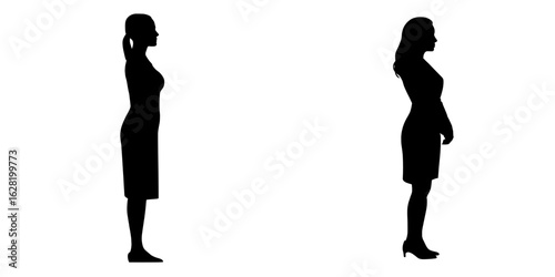 The concept of a human, lady, or female figure is depicted through a modern illustration of a black silhouette of a woman standing in profile, isolated on a white background, frequently used in