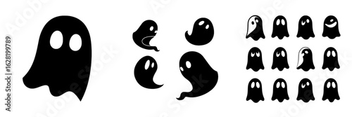 A set of ghost logos, modern ghost illustrations, and ghost icons, including a ghost silhouette, all isolated on a white background