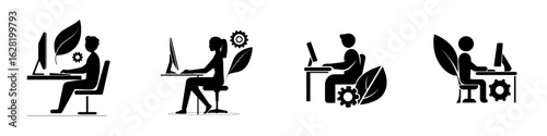 A person is seated at a workstation, utilizing a computer with a stylized leaf and gear icon in close proximity, perfect for representing technology, innovation, productivity, teamwork,