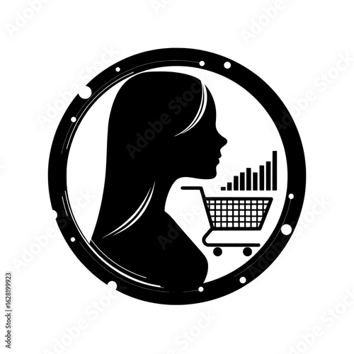 The combination of a woman's profile icon, a shopping cart, and an analytics dashboard provides a comprehensive view of data trends and performance metrics, ideal for applications in retail,