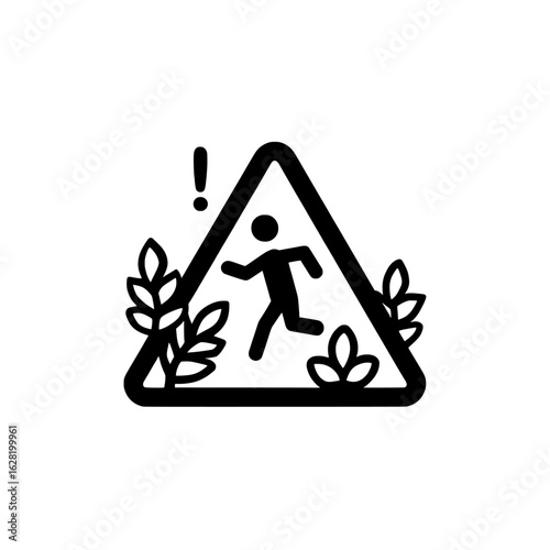 This emblem consists of a warning triangle, an exclamation mark, a stick figure in motion, and abstract foliage, ideal for signifying caution, safety, risk, alert, instruction, movement hazards, and