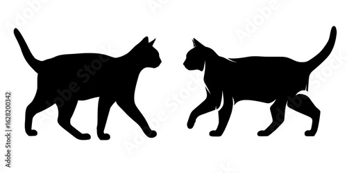 A dark cat shape is set against a white backdrop, described with keywords such as black, cat, illustration, silhouette, walk, and Generative art