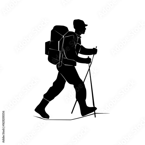 A silhouette of a backpacker with poles is depicted, isolated on a completely white background