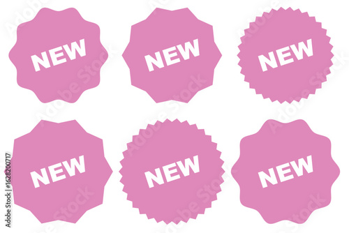 Set of promotional badges featuring the word "NEW" in bold white text, presented in multiple geometric shapes, ideal for showcasing newly launched products
