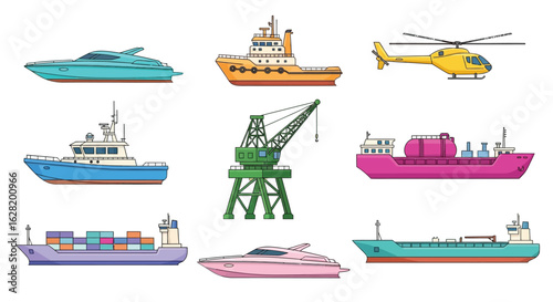 Collection of various watercraft and a helicopter
