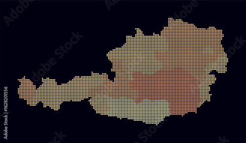 Austria dotted map. Digital style map of the country on dark background. Austria shape with circle dots. Colored dots style. Small size circles. Abstract vector illustration.
