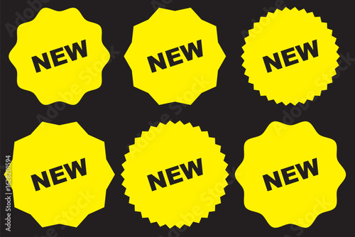 Set of promotional badges featuring the word "NEW" in bold white text, presented in multiple geometric shapes, ideal for showcasing newly launched products