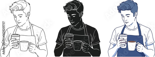 Three artistic depictions of a man holding a coffee cup