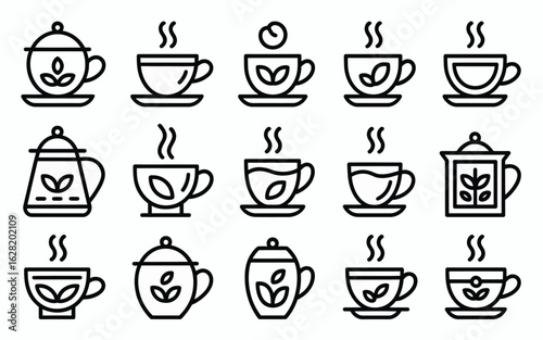 Vector art of collection of tea and coffee cups with steam in line art isolated on white background
