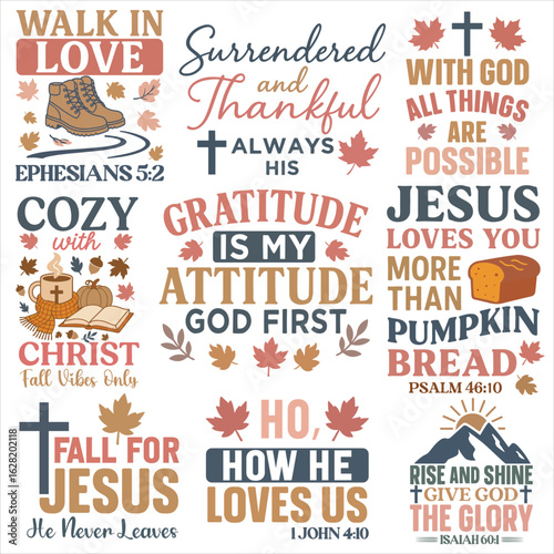 collection of  Fall Christian ClipArt t-shirt design, Retro Boho christianity quotes fall saying illustration, Christian fall season typographic design