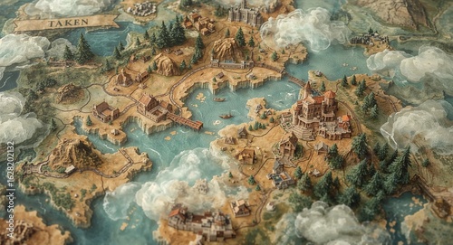 Intricate 3D Fantasy Map with Medieval Castles Coastal Towns & Forests - Miniature World Diorama