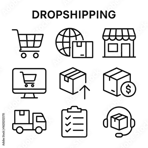 Online dropshipping logistics vector icons. Outline symbols. Line design