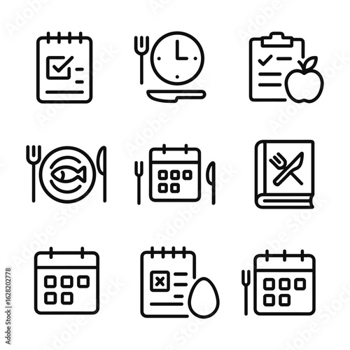 Meal planning icons vector set. Outline symbols. Line design