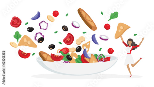 Illustration of a salad bowl with ingredients and a woman celebrating with a tortilla chip