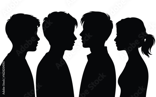 Vector art of silhouettes of four people of different ages in profile isolated on white background