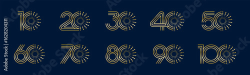 Set of collection numbers 10 to 100 with fireworks vector illustration. Fireworks with numbers 10, 20, 30, 40, 50, 60, 70, 80, 90, 100 for greetings, anniversary, discounts and more.