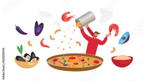 Illustration of a man preparing paella with shrimp mussels and vegetables in a large pan dish