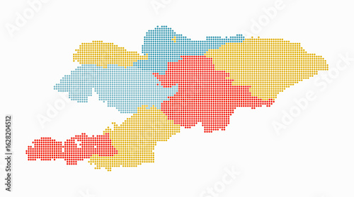 Kyrgyzstan dotted map. Digital style map of the country on white background. Kyrgyzstan shape with circle dots. Colored dots style. Small size circles. Abstract vector illustration.