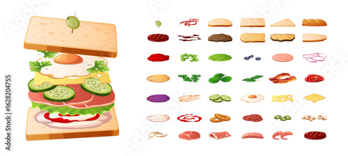 Sandwich constructor. Different tasty snack ingredients, sliced vegetables, egg, bacon, fresh greens and cheese between toasts, menu assortment cartoon flat style isolated tidy vector set