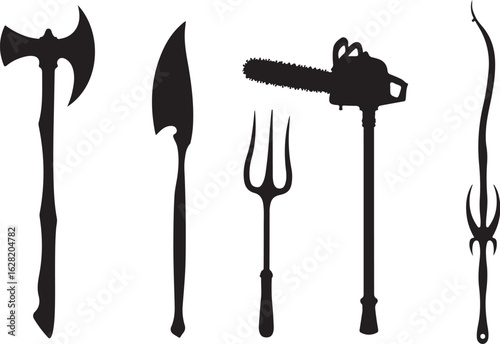 Silhouette collection of menacing tools and utensils for creative concepts