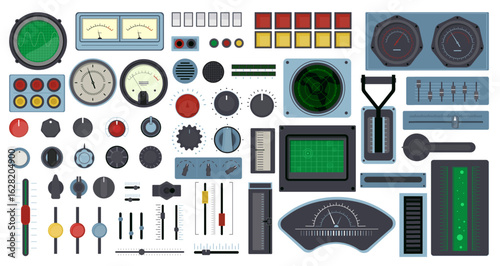 Retro control panel elements. Spaceship buttons, screens and dials, vintage analog dashboard isolated indicators and scales, speed interface and radar graphic, cockpit qualitative vector set