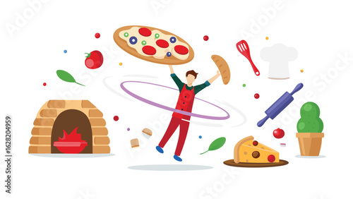 Illustration of a pizza chef juggling a pizza and bread near an oven with kitchen utensils around