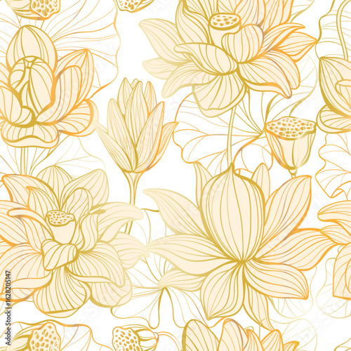 Lotus seamless pattern. Beautiful oriental flower, golden outlines, delicate decorative elements, botanic design textile, wrapping paper, wallpaper. Print for fabric splendid vector background