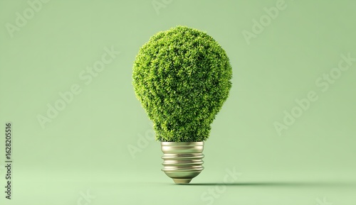 3D render of a green light bulb made from small grass, isolated on a soft Green Background