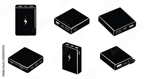 Six Portable Power Bank Silhouettes in Different Orientations.  vector , silhouette design