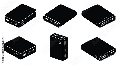 Six Black Portable Power Banks in Isometric View.  vector , silhouette design