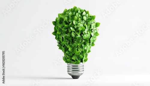 3D Light Bulb Made of Green Leaves on White Background, Symbolizing Eco-Friendly Energy and Sustainability