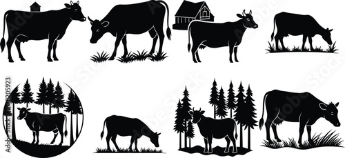 Cow Silhouette Vector Set with Barn and Trees. Farm Animal Silhouettes in Nature Scene. 